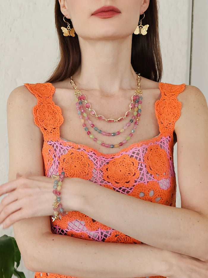 Pink Opal And Tourmaline Layers Statement Necklace PN050