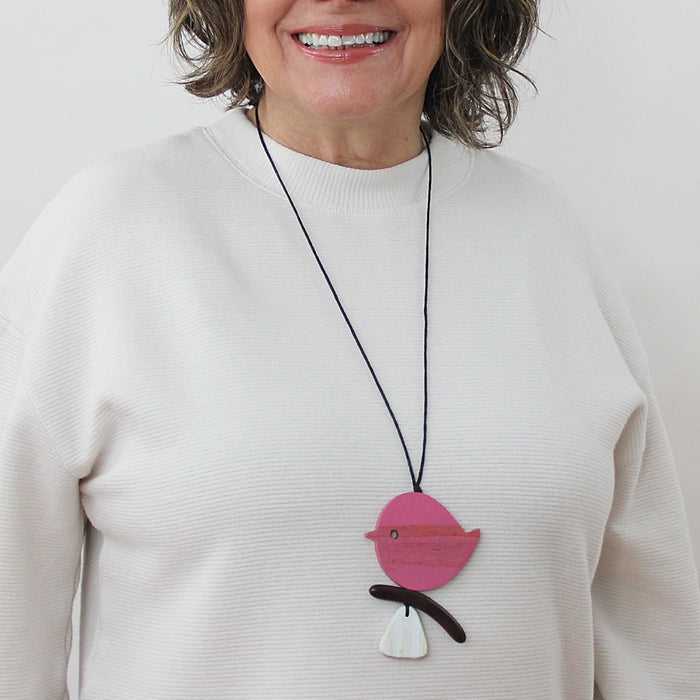 Pink Robin On A Branch Necklace - Sylca Designs - Chunky Jewelry