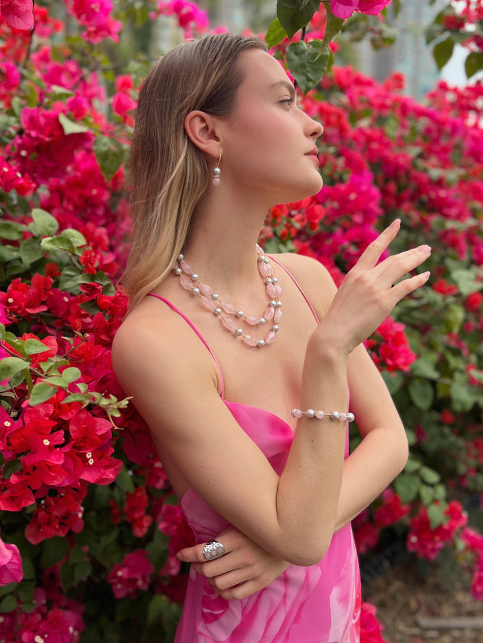Pink Rose Quartz and Gray Freshwater Pearls Adjustable Bracelet LB003 - FARRA