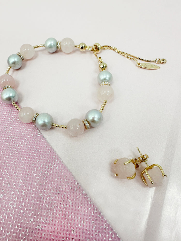 Pink Rose Quartz and Gray Freshwater Pearls Adjustable Bracelet LB003