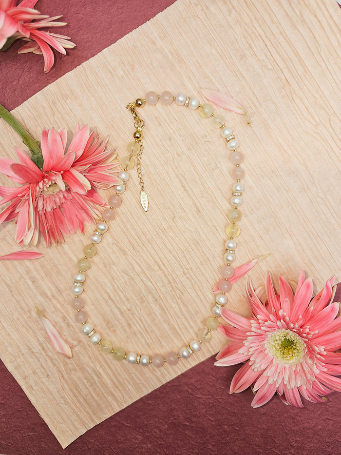 Pink Rose Quartz And Yellow Citrine With Pearls Necklace RN013