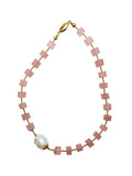 Pink Rose Quartz With Baroque Pearl Minimalist Necklace DN221 - FARRA