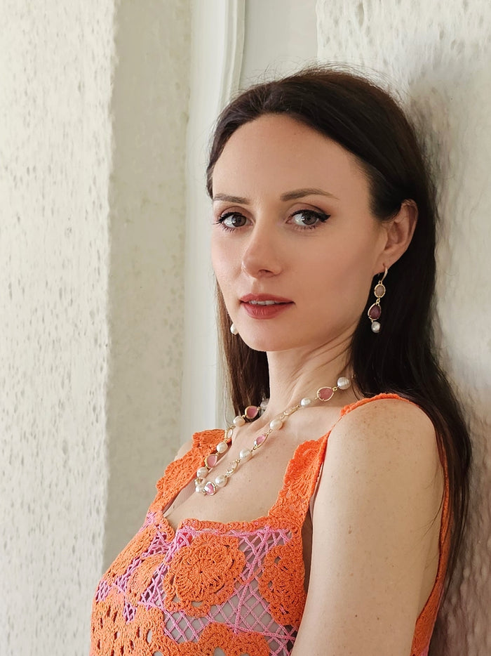 Pink Rose Quartz With Pearls Feminine Dangle Earrings PE038