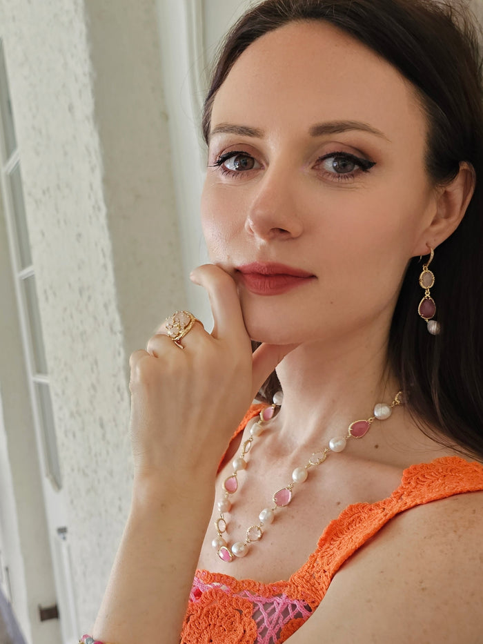 Pink Rose Quartz With Pearls Feminine Dangle Earrings PE038