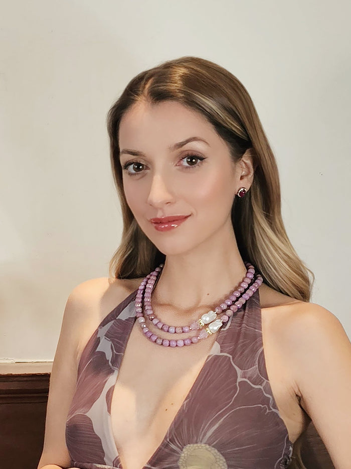 Pink Sugilite With Baroque Pearls And Raspberry Double Layers Necklace RN020