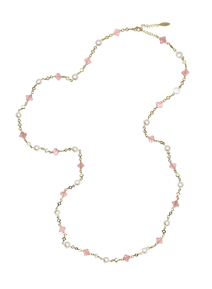 Pink Watermelon Quartz And Freshwater Pearl Station Necklace RN019