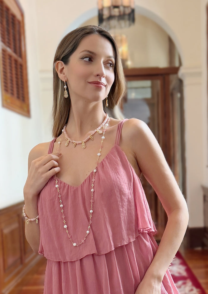 Pink Watermelon Quartz And Freshwater Pearl Station Necklace RN019