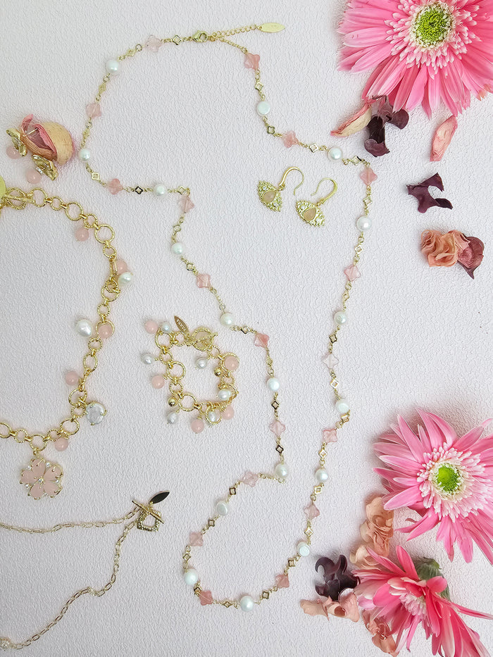 Pink Watermelon Quartz And Freshwater Pearl Station Necklace RN019