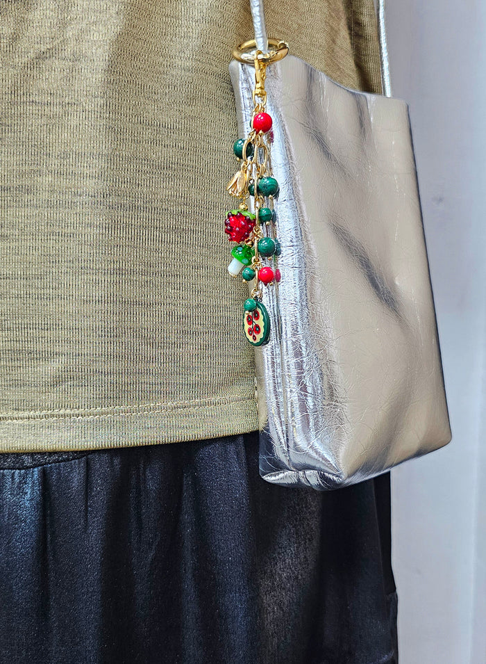 Playful Malachite With Mushroom Raspberry Bag Charm