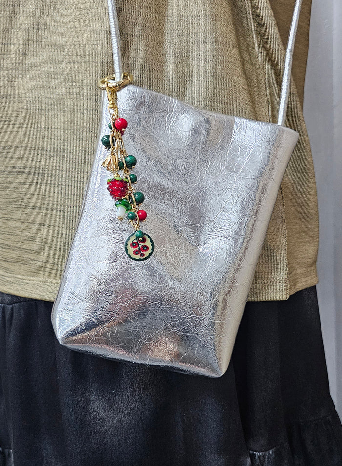Playful Malachite With Mushroom Raspberry Bag Charm