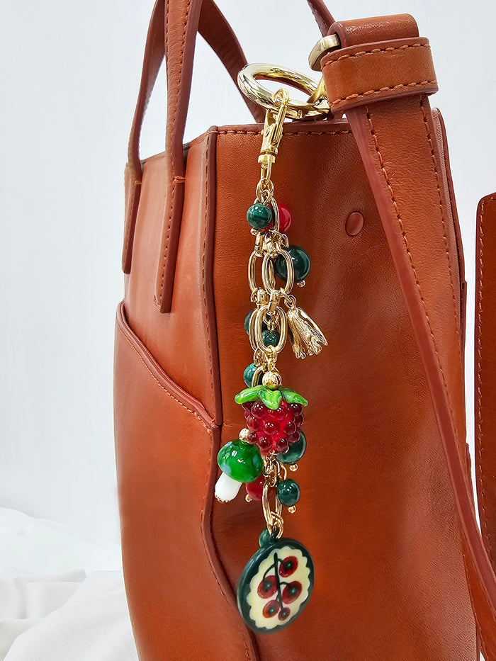 Playful Malachite With Mushroom Raspberry Bag Charm