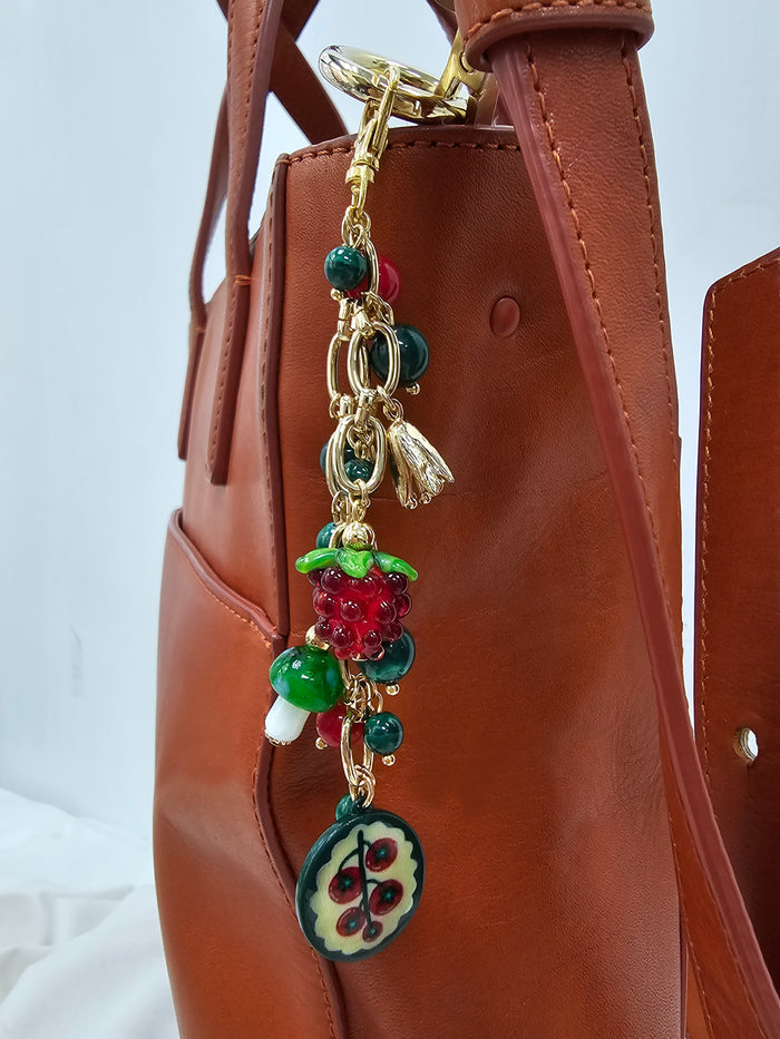 Playful Malachite With Mushroom Raspberry Bag Charm