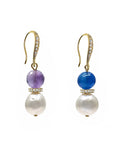 Purple Amethyst And Blue Agate With Freshwater Pearl Dangle Earrings SE023