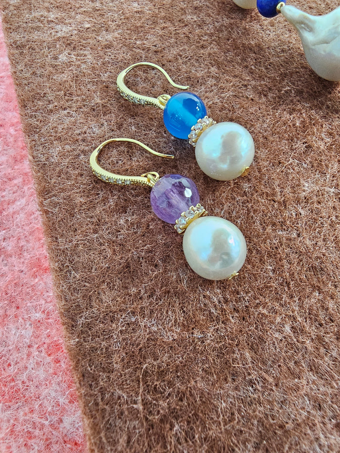 Purple Amethyst And Blue Agate With Freshwater Pearl Dangle Earrings SE023