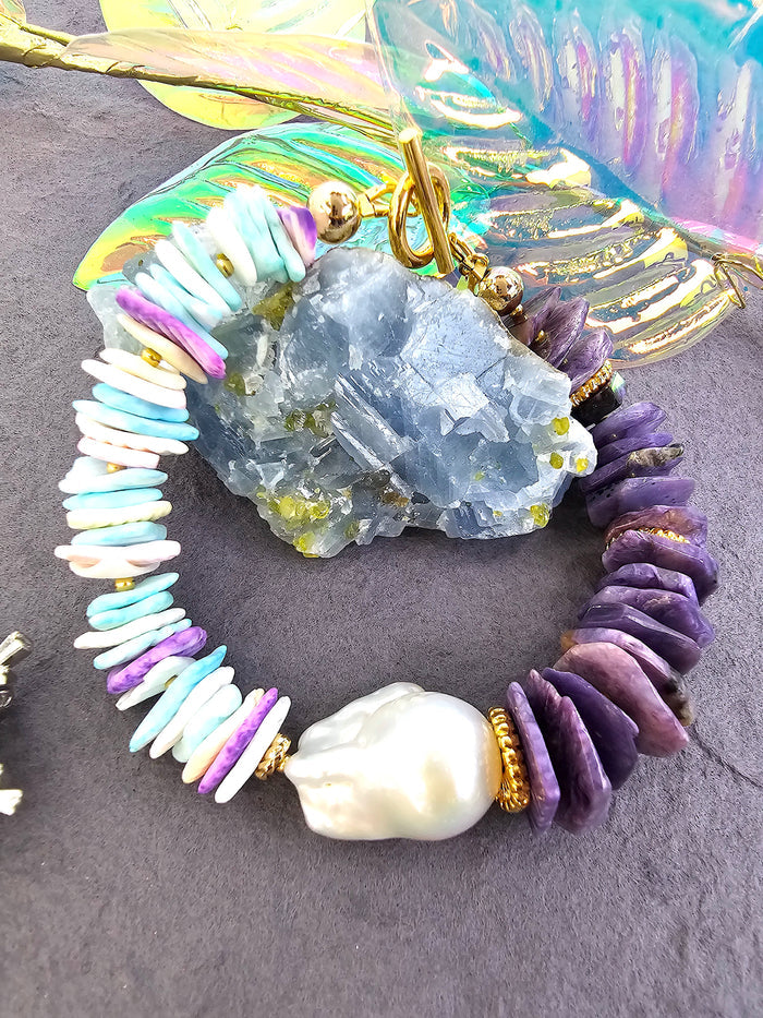 Purple Charoite And Colorful Shell With Baroque Pearl Bracelet QB011
