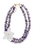 Purple Charoite With Flower Giant Shell Pendant Double Layers Necklace QN025