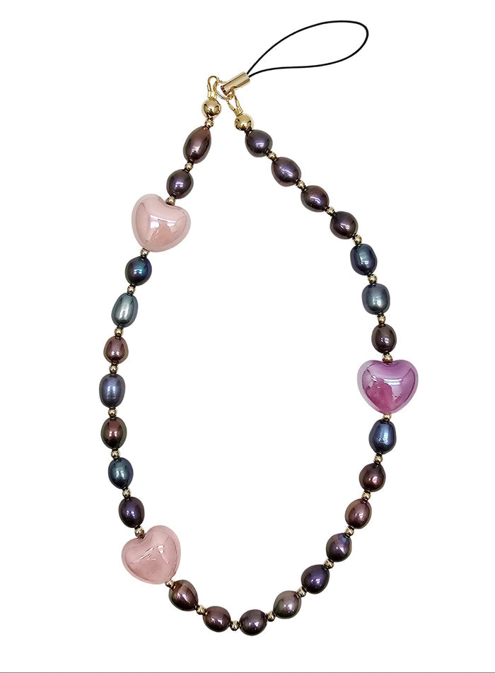 Purple Freshwater Pearls With Pink Hearts Phone Strap PC019