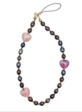 Purple Freshwater Pearls With Pink Hearts Phone Strap PC019