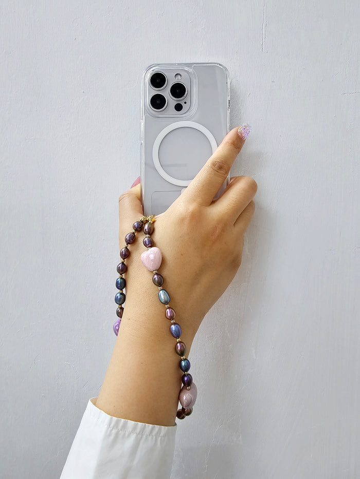Purple Freshwater Pearls With Pink Hearts Phone Strap PC019
