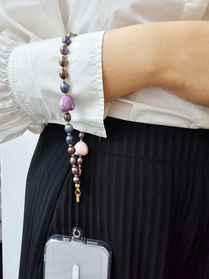 Purple Freshwater Pearls With Pink Hearts Phone Strap PC019