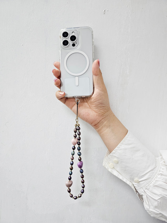 Purple Freshwater Pearls With Pink Hearts Phone Strap PC019