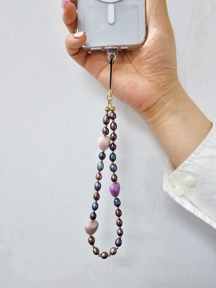 Purple Freshwater Pearls With Pink Hearts Phone Strap PC019
