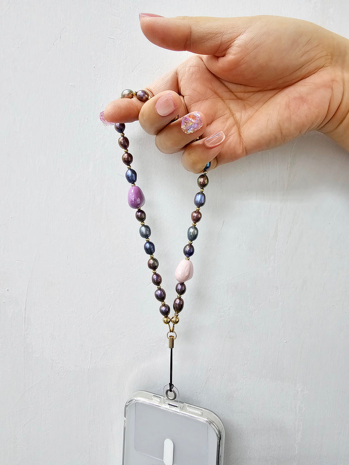 Purple Freshwater Pearls With Pink Hearts Phone Strap PC019