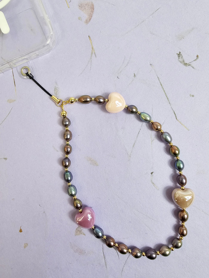 Purple Freshwater Pearls With Pink Hearts Phone Strap PC019