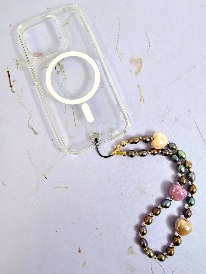 Purple Freshwater Pearls With Pink Hearts Phone Strap PC019