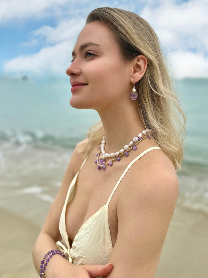 Purple Glass Raspberry with Freshwater Pearls Earrings LE015 - FARRA
