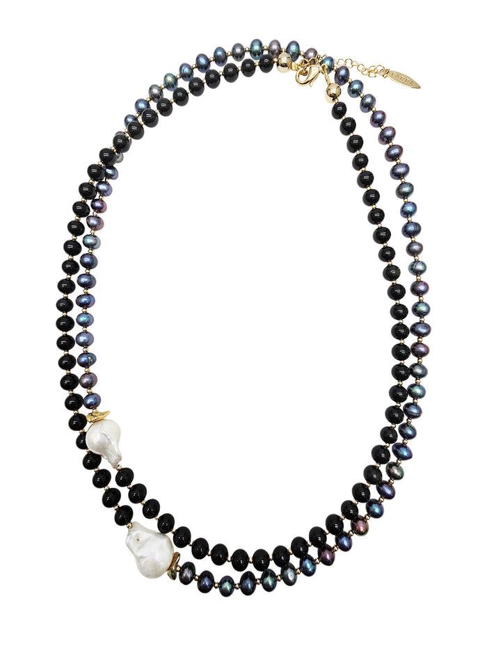 Purple Pearls And Black Obsidian With Baroque Pearls Long Necklace NN007