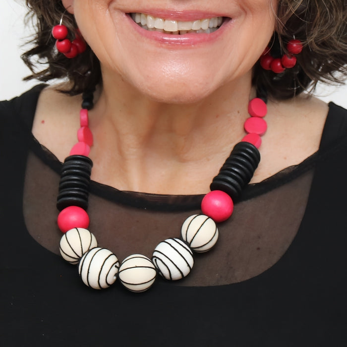 Raspberry Maris Threaded Ball Statement Necklace - Sylca Designs - Chunky Jewelry