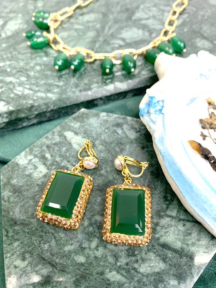 Rectangle Shaped Green Jade Rhinestone Clip-on Earrings HE005 - FARRA