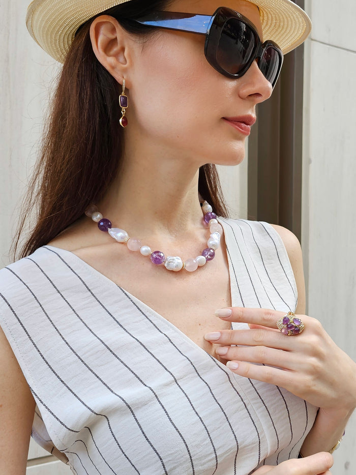 Red Agate And Purple Amethyst Color Matching Dangle Earrings PE012
