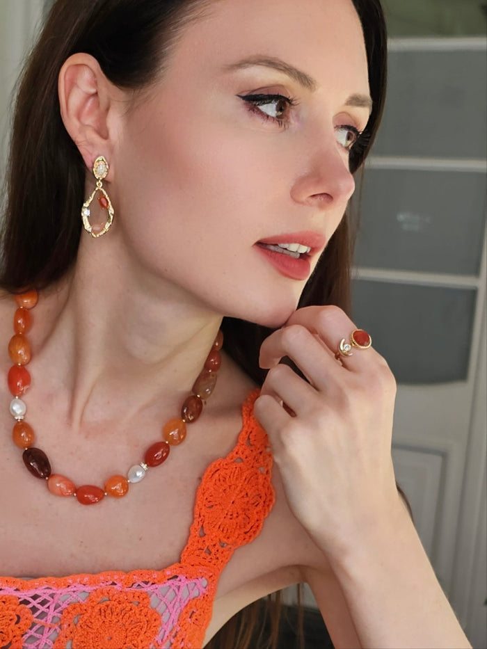 Red Agate With Zircon Open Ring PR018