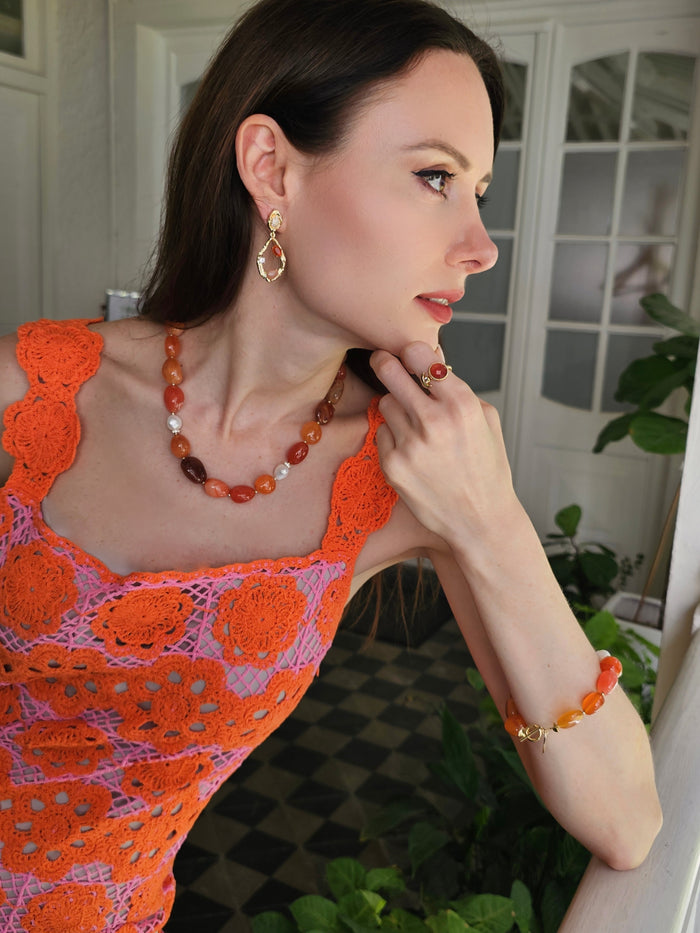 Red Agate With Zircon Open Ring PR018