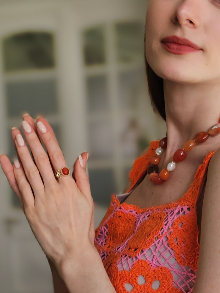 Red Agate With Zircon Open Ring PR018