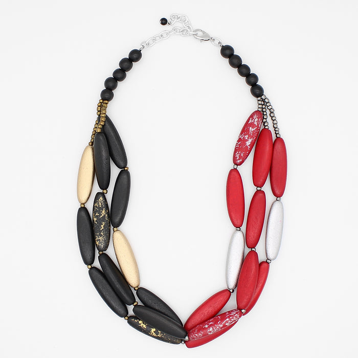 Red and Black Kacy Triple Strand Statement Necklace - Sylca Designs - Chunky Jewelry