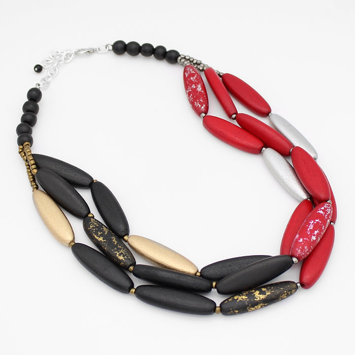 Red and Black Kacy Triple Strand Statement Necklace - Sylca Designs - Chunky Jewelry