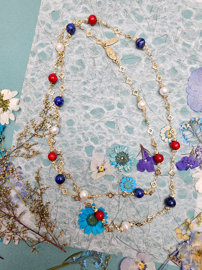 Red Bamboo Coral And Blue Lapis Long Station Necklace RN030