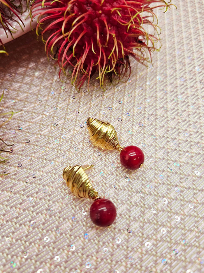 Red Bamboo Coral Dangle Gold Stud Earrings SE001