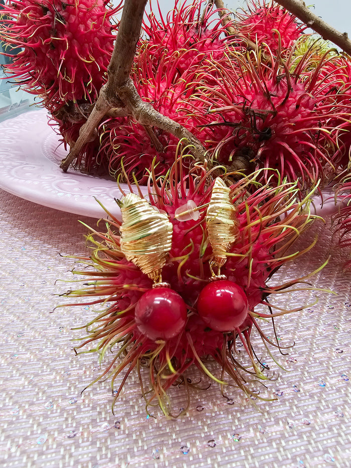 Red Bamboo Coral Dangle Gold Stud Earrings SE001