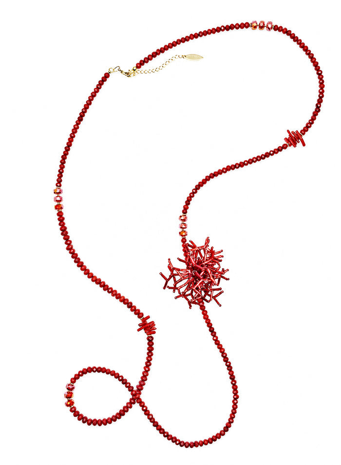 Red Bamboo Coral Long Necklace with Removable Flower Pin SN002