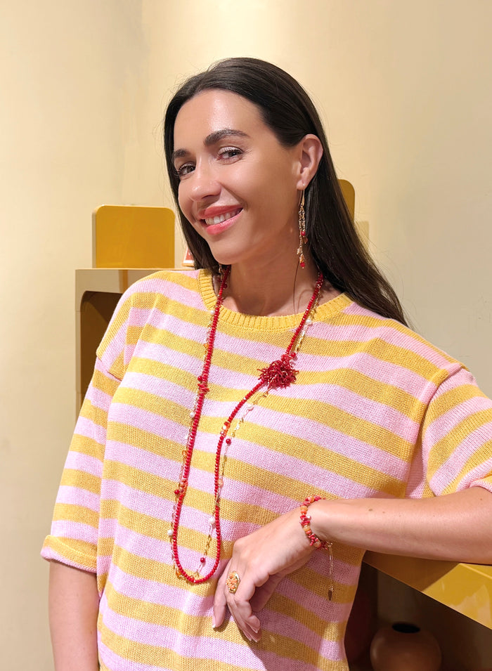 Red Bamboo Coral Long Necklace with Removable Flower Pin SN002