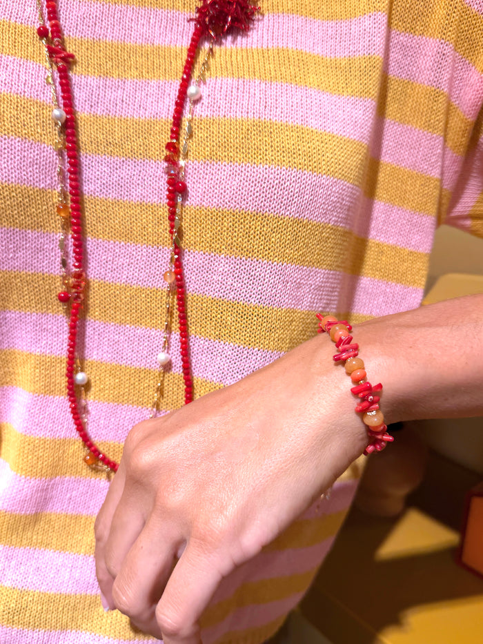 Red Bamboo Coral Long Necklace with Removable Flower Pin SN002
