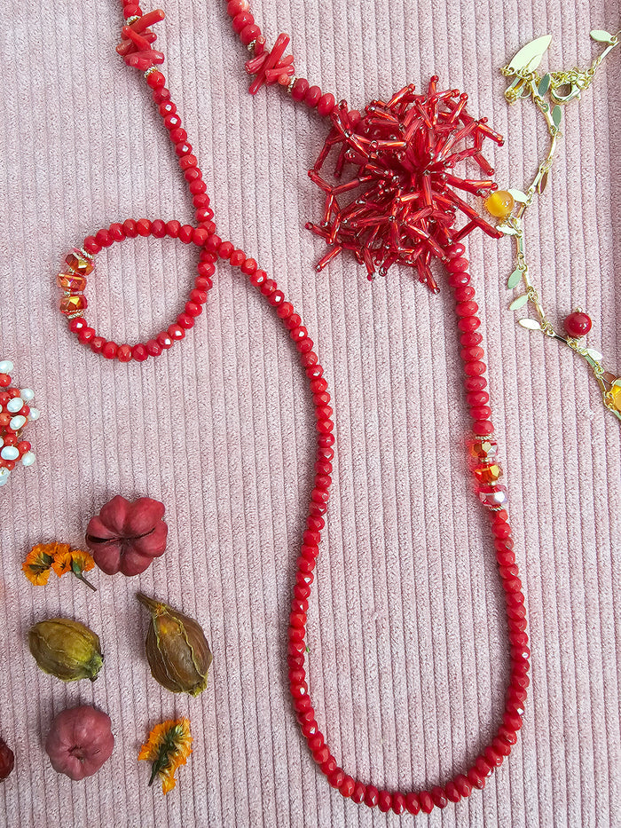 Red Bamboo Coral Long Necklace with Removable Flower Pin SN002