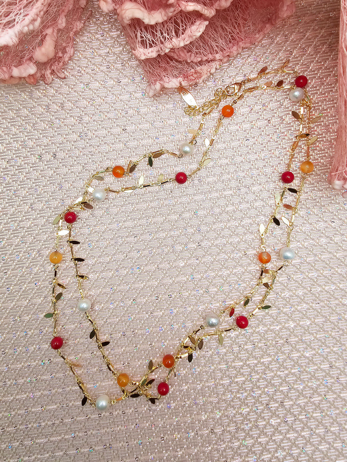Red Bamboo Coral Orange Agate & Pearl Long Necklace SN006