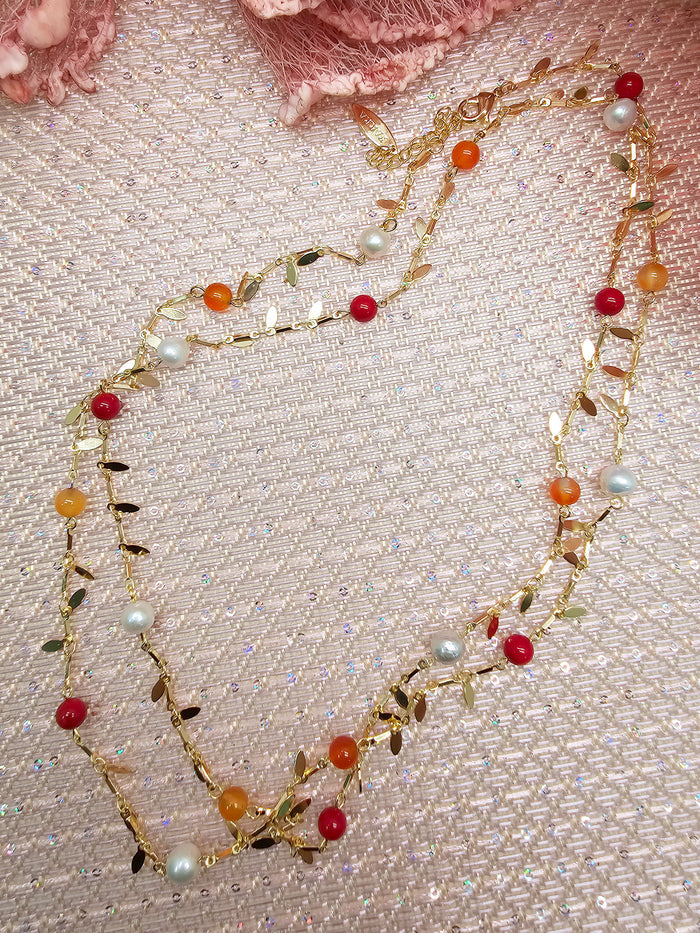 Red Bamboo Coral Orange Agate & Pearl Long Necklace SN006