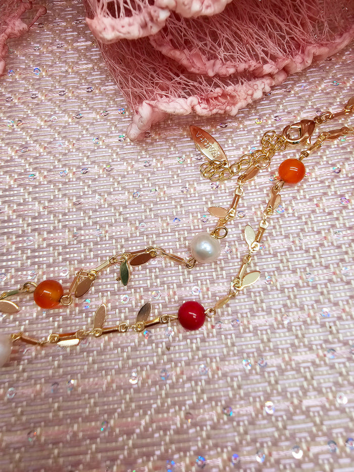 Red Bamboo Coral Orange Agate & Pearl Long Necklace SN006
