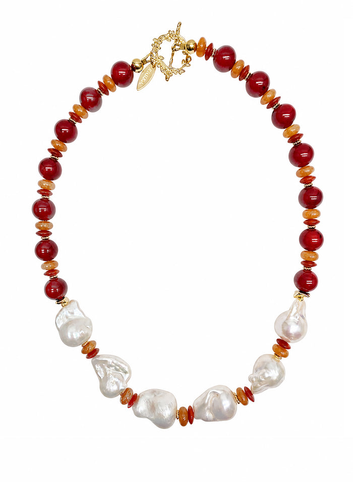 Red Bamboo Coral With Baroque Pearls Statement Necklace SN003